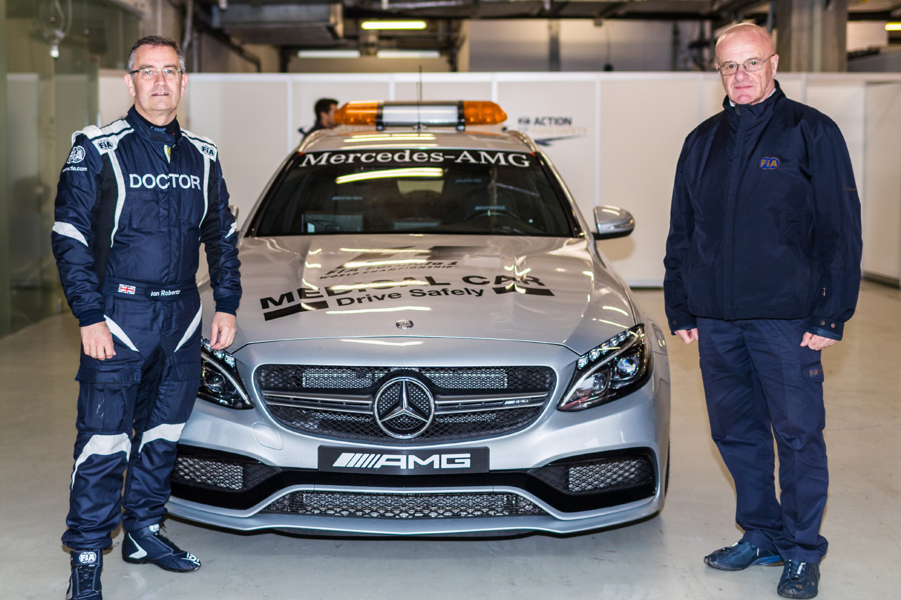 FIA deputy medical delegate Dr Ian Roberts and FIA medical delegate Alain Chantegret with the F1 medical car
