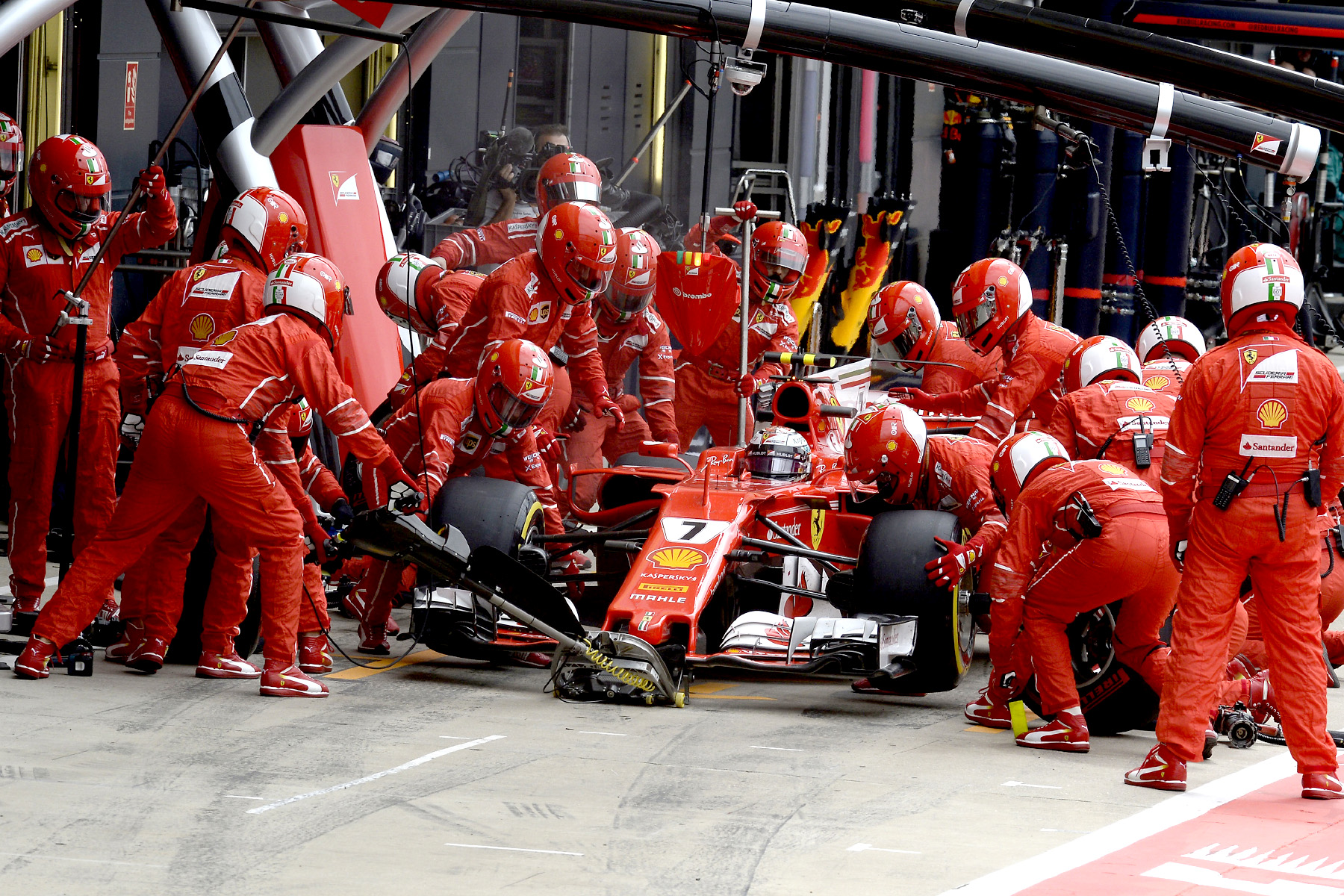 Kimi Raikkonen makes a pit stop at the 2017 British Grand Prix.