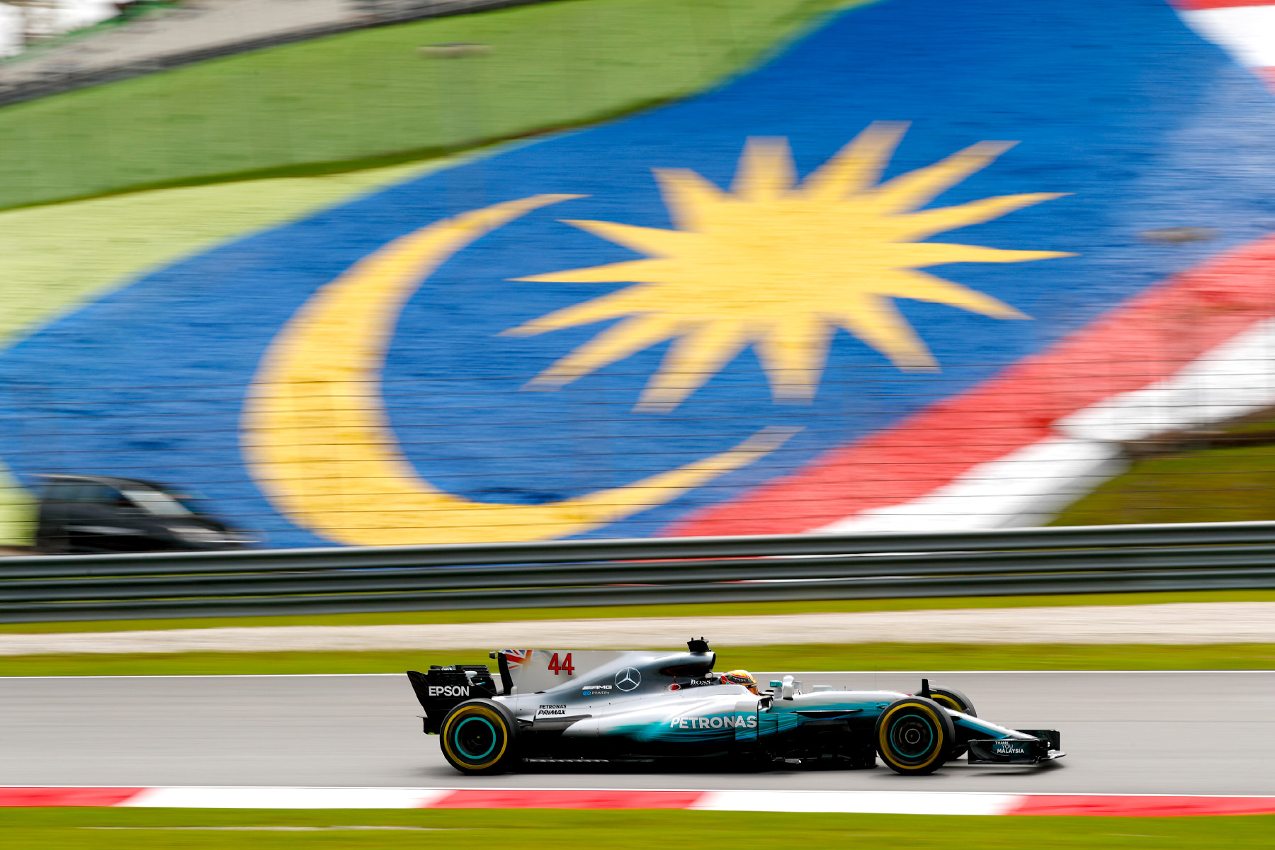 Lewis Hamilton on track at the 2017 Malaysian Grand Prix.