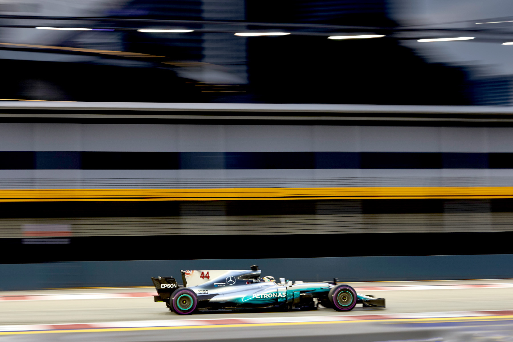 Lewis Hamilton in his Mercedes at the 2017 Singapore Grand Prix.