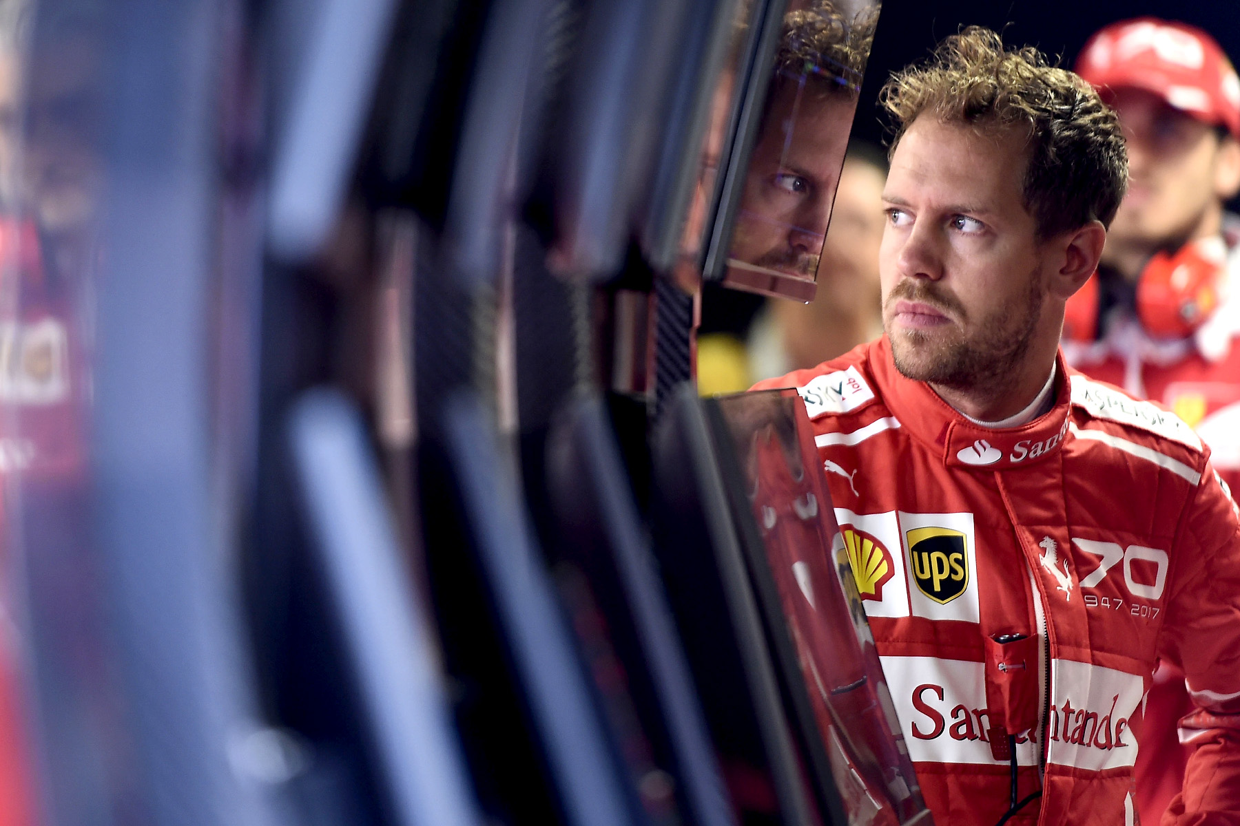 Sebastian Vettel in his garage at the 2017 Italian Grand Prix
