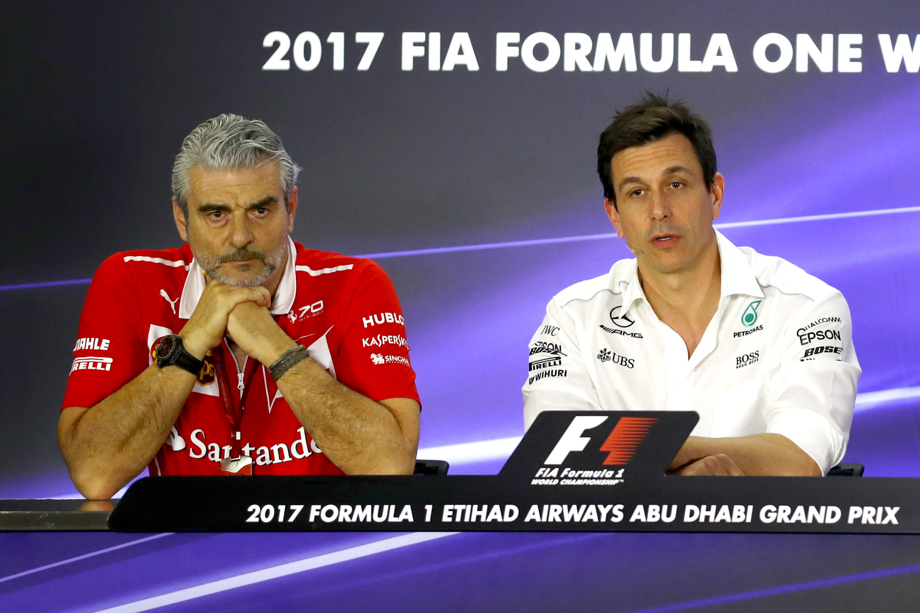 Maurizio Arrivabene (Ferrari) and Toto Wolff (Mercedes) in the Friday press conference at the 2017 Abu Dhabi Grand Prix.
