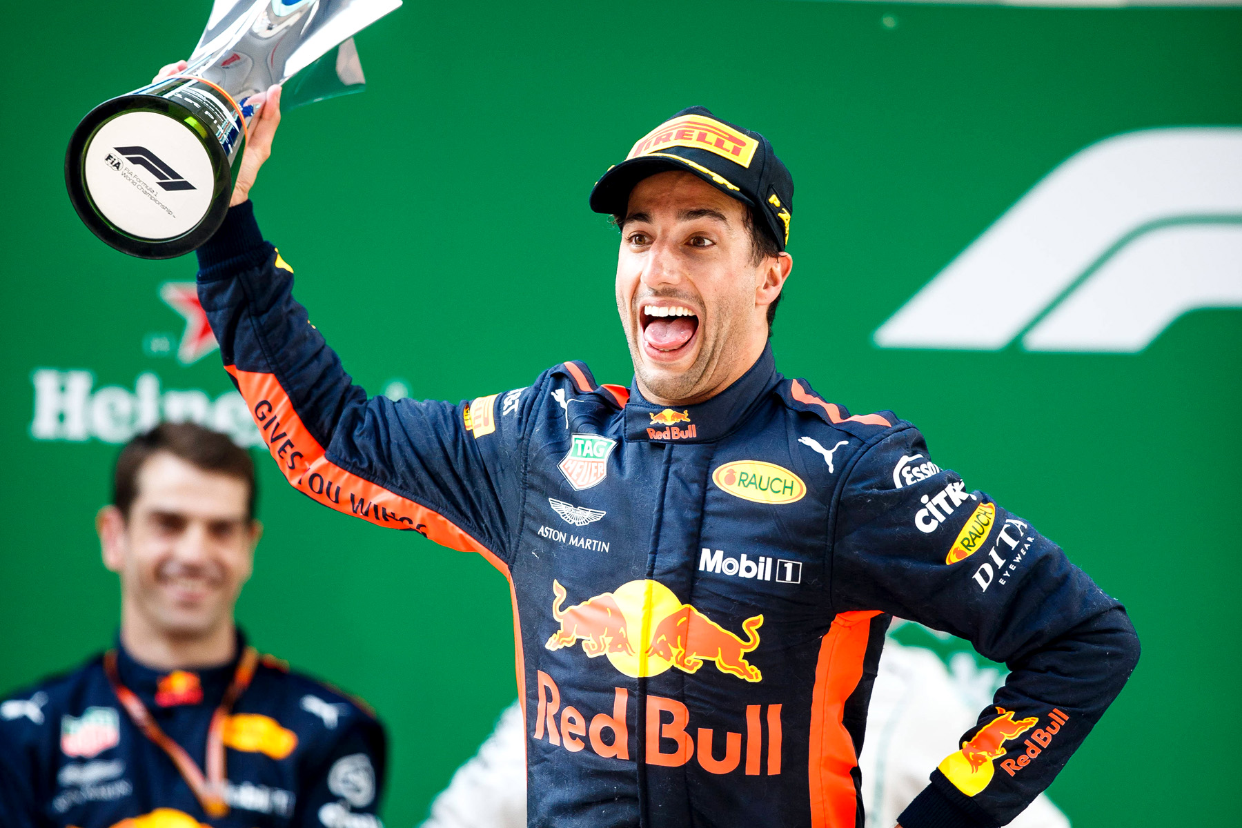 Daniel Ricciardo celebrates on the podium at the 2018 Chinese Grand Prix.