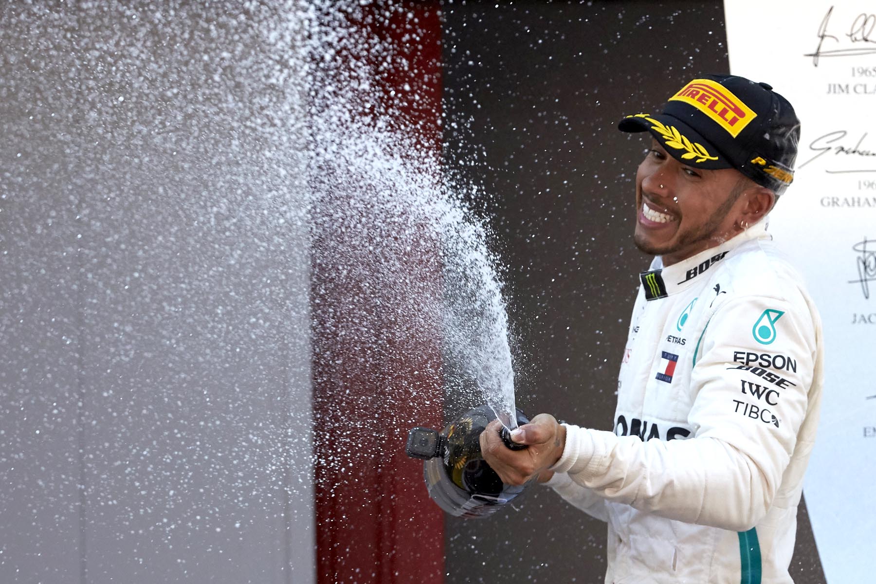 Lewis Hamilton celebrates on the 2018 Spanish Grand Prix podium