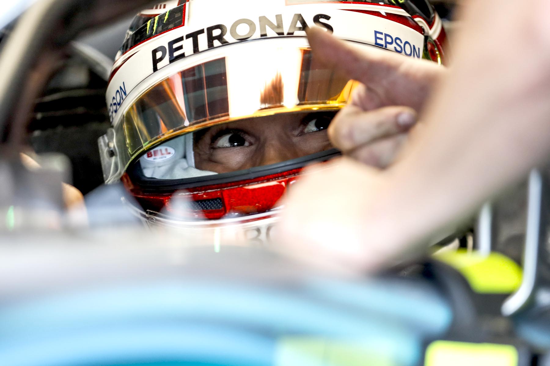 Lewis Hamilton in his garage.