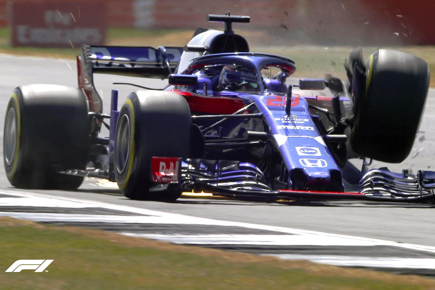 Brendon Hartley's front-left suspension fails.