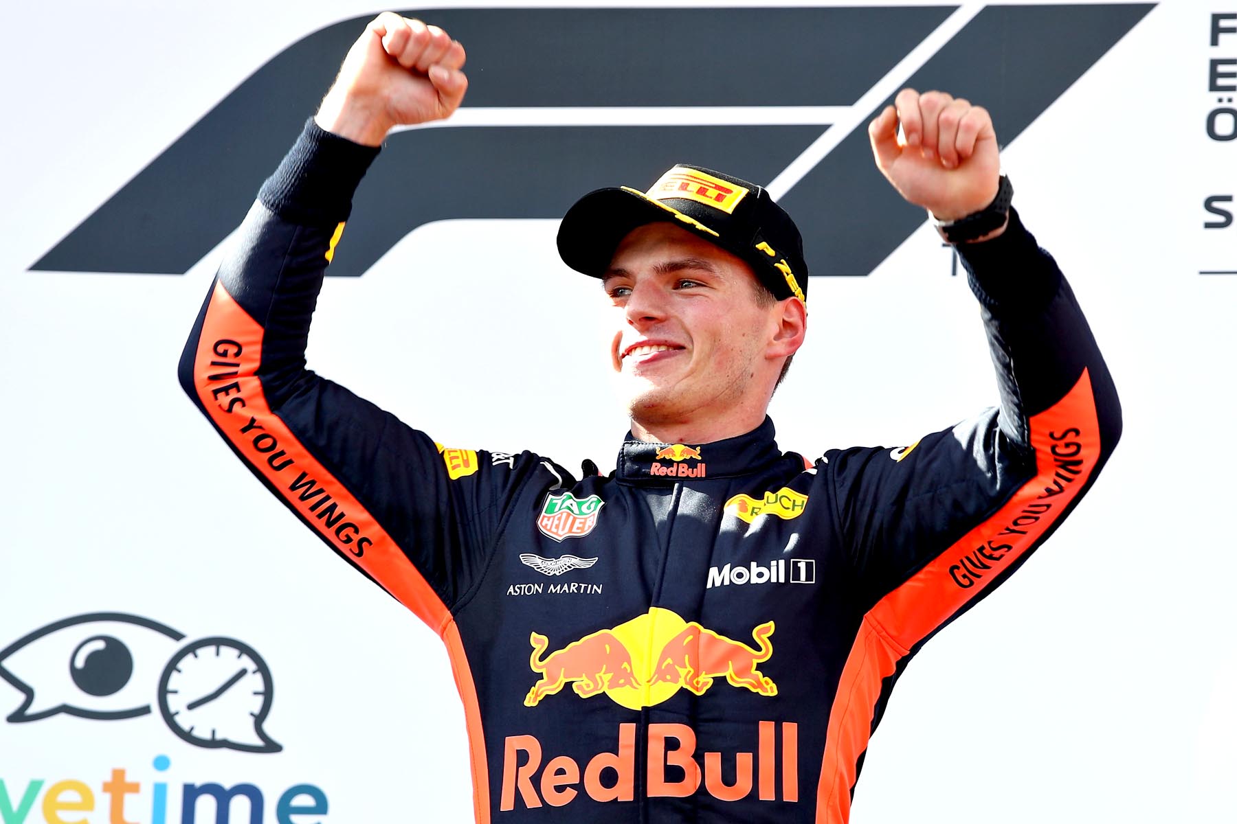 Max Verstappen celebrates on the 2018 Austrian Grand Prix podium