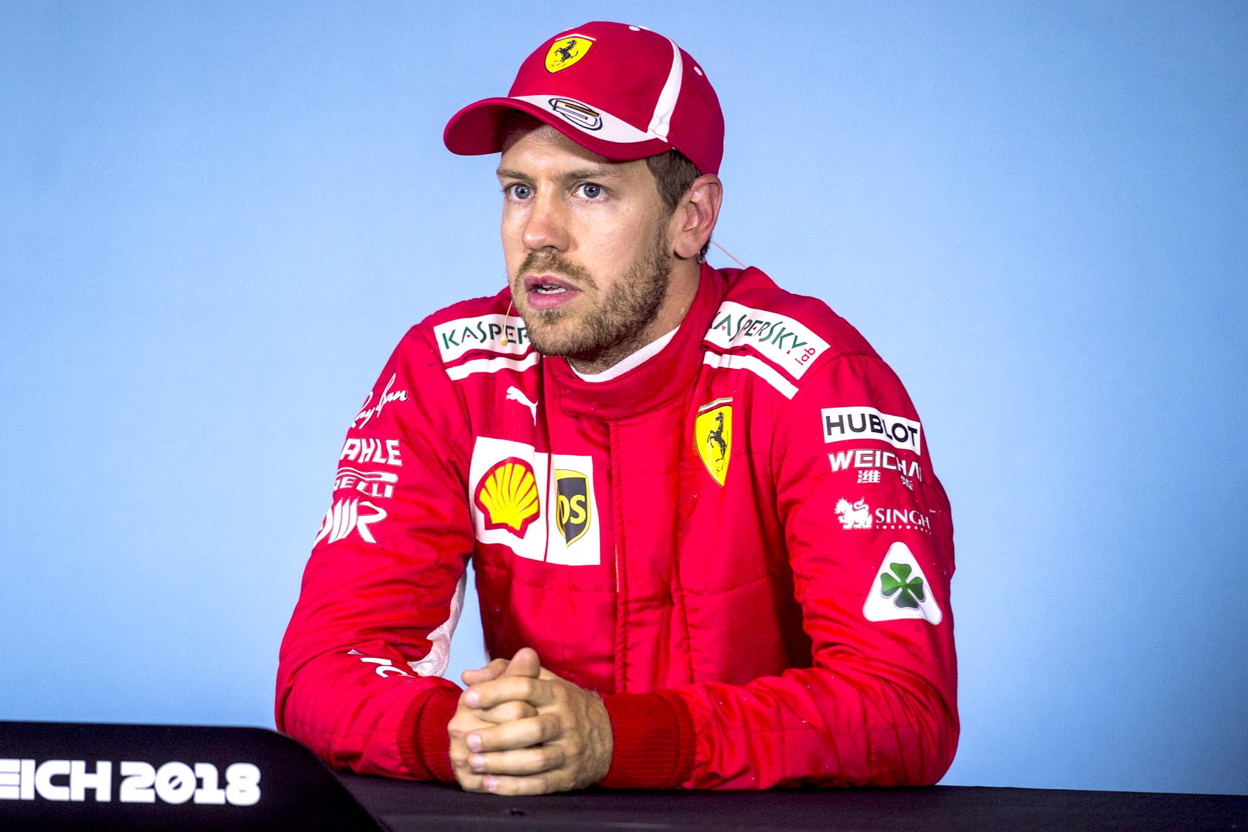 Sebastian Vettel in the press conference room at the 2018 Austrian Grand Prix.