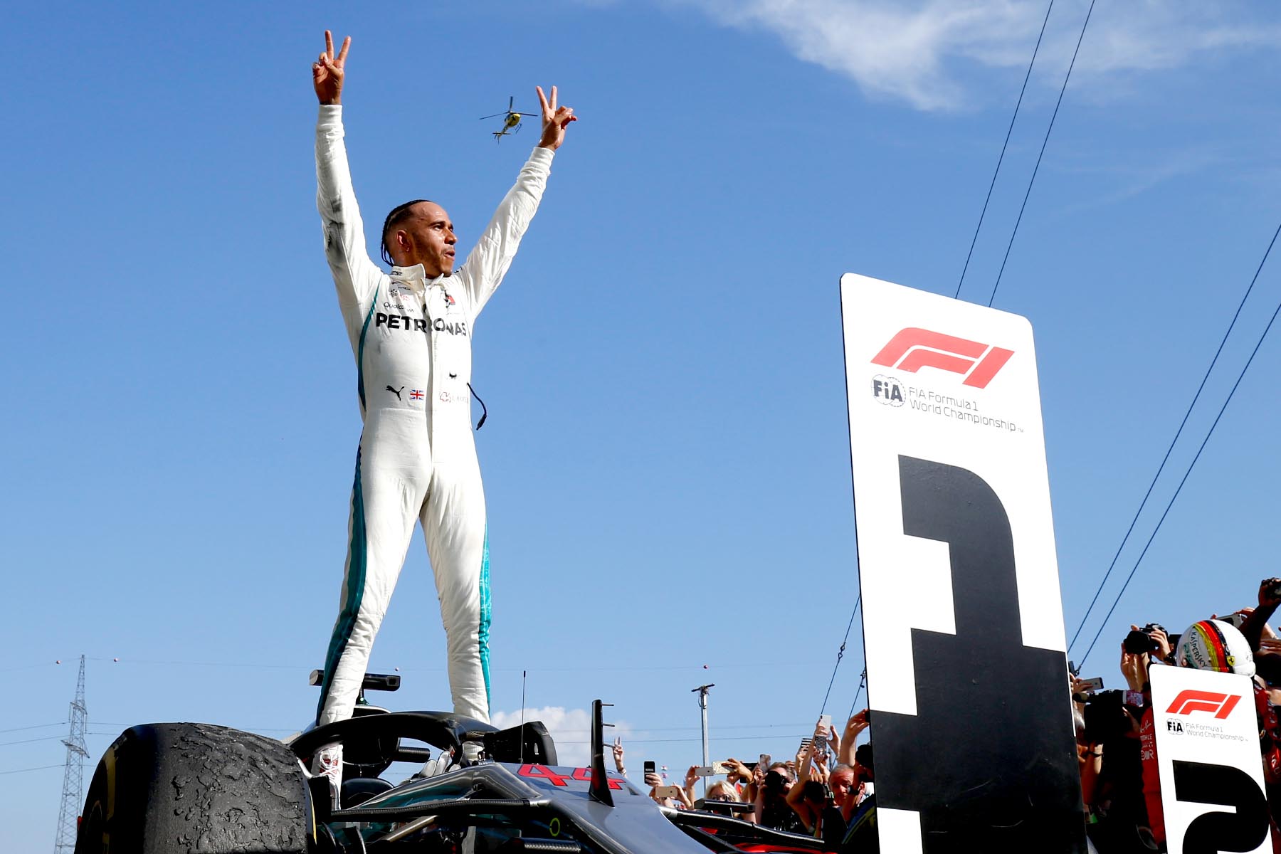 Lewis Hamilton celebrates victory at the 2018 Hungarian Grand Prix.