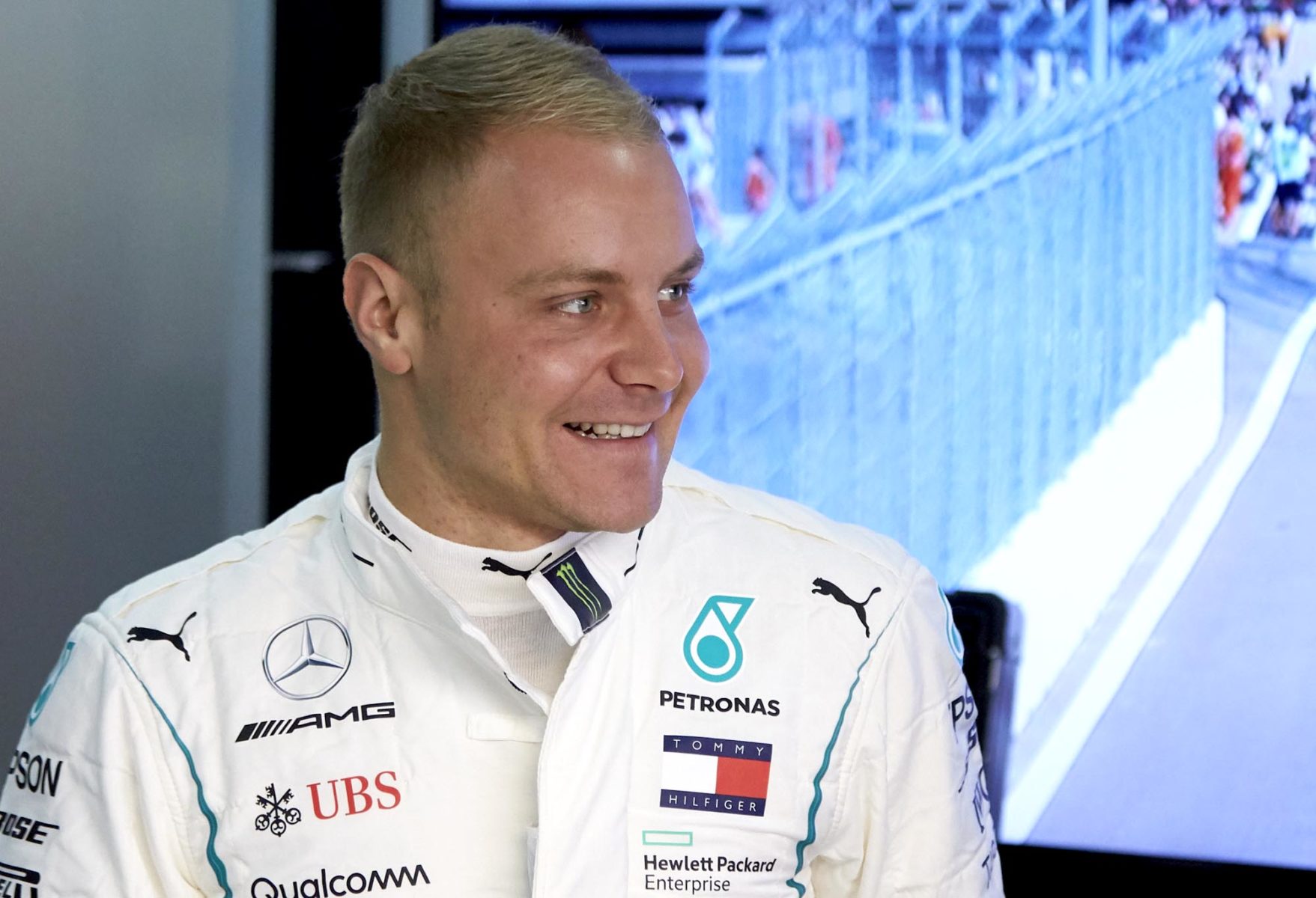 Valtteri Bottas in his garage at the 2018 Russian Grand Prix.
