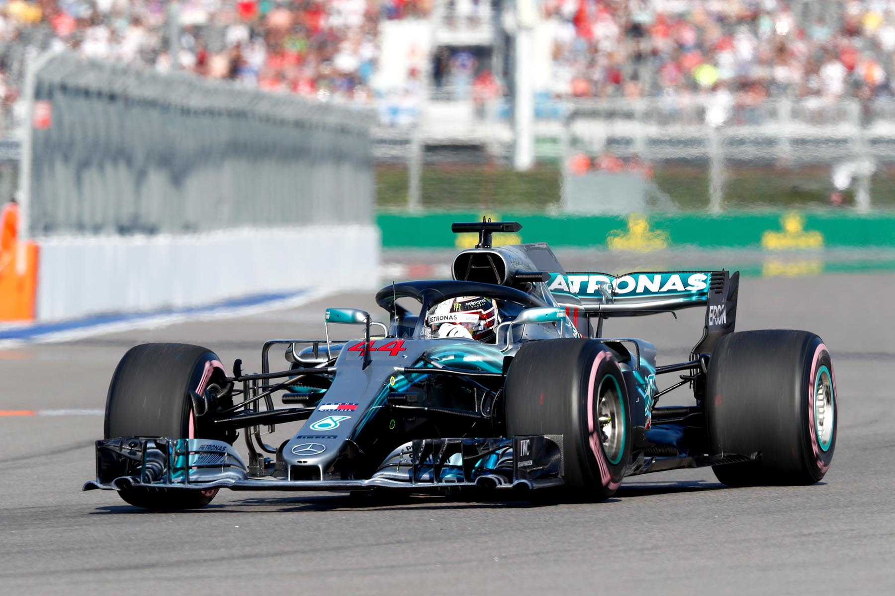 Lewis Hamilton on track at the 2018 Russian Grand Prix.