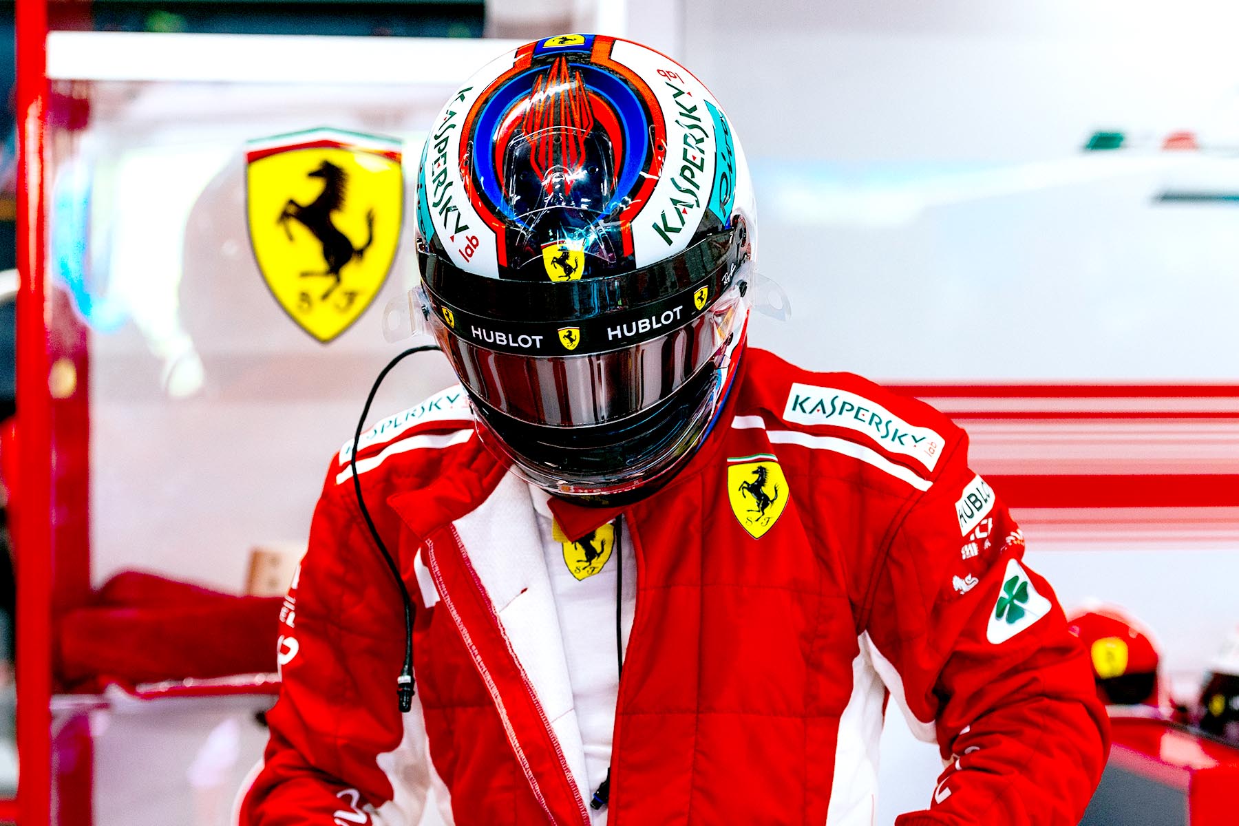 Kimi Raikkonen in the Ferrari garage at the 2018 Singapore Grand Prix.