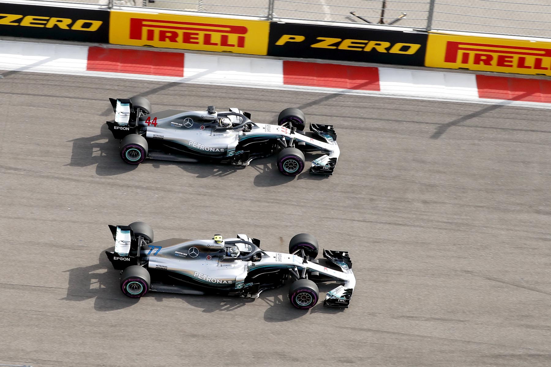 Valtteri Bottas and Lewis Hamilton in formation at the 2018 Russian Grand Prix.