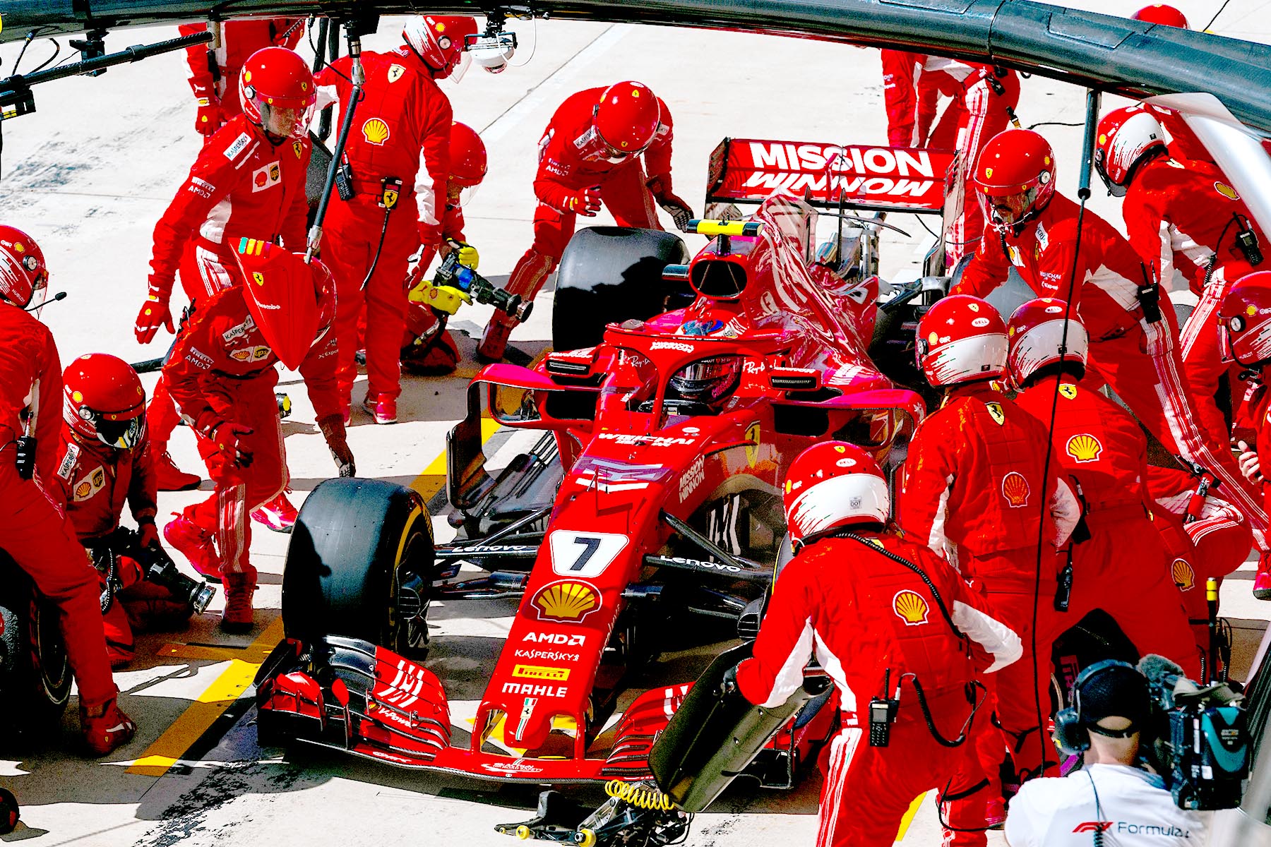 Kimi Raikkonen in his pit box at the 2018 United States Grand Prix.