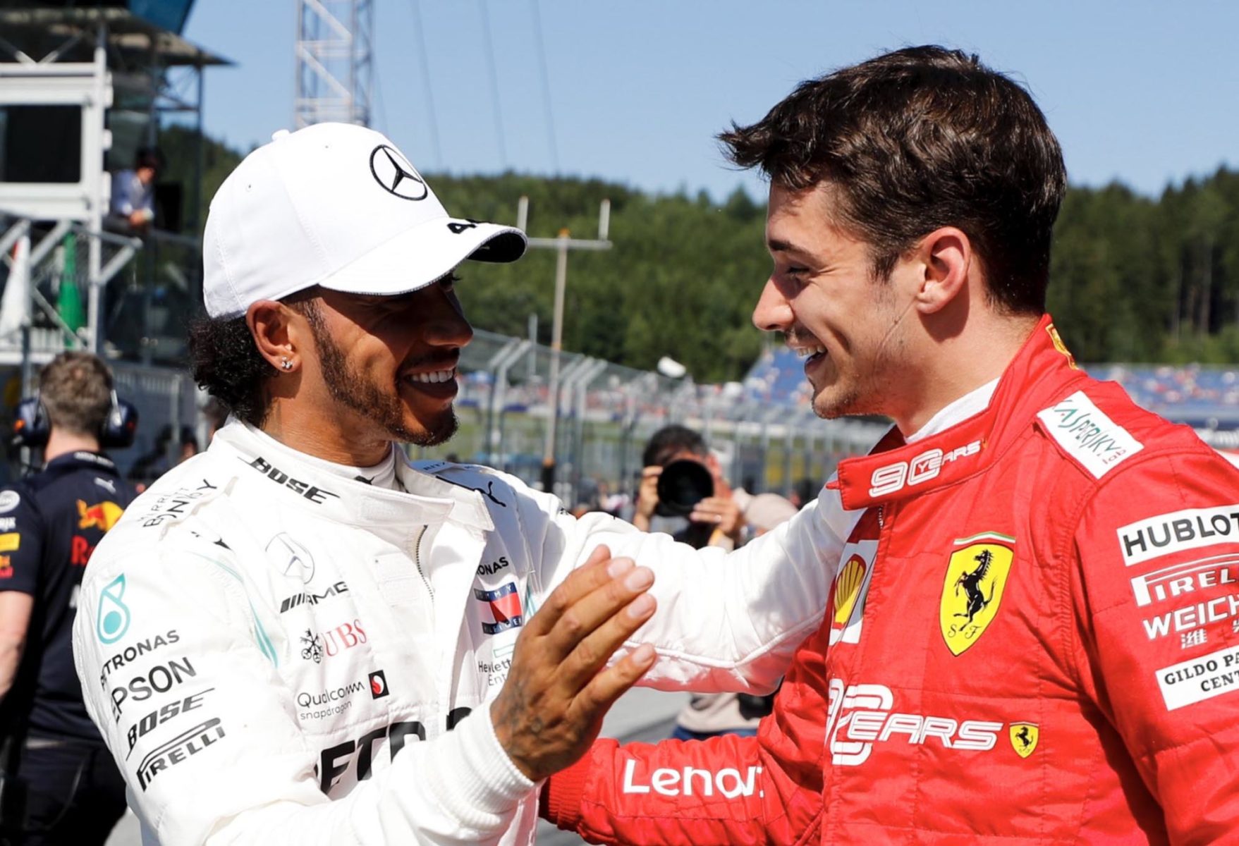 Lewis Hamilton congratulates Charles Leclerc after qualifying in Austria