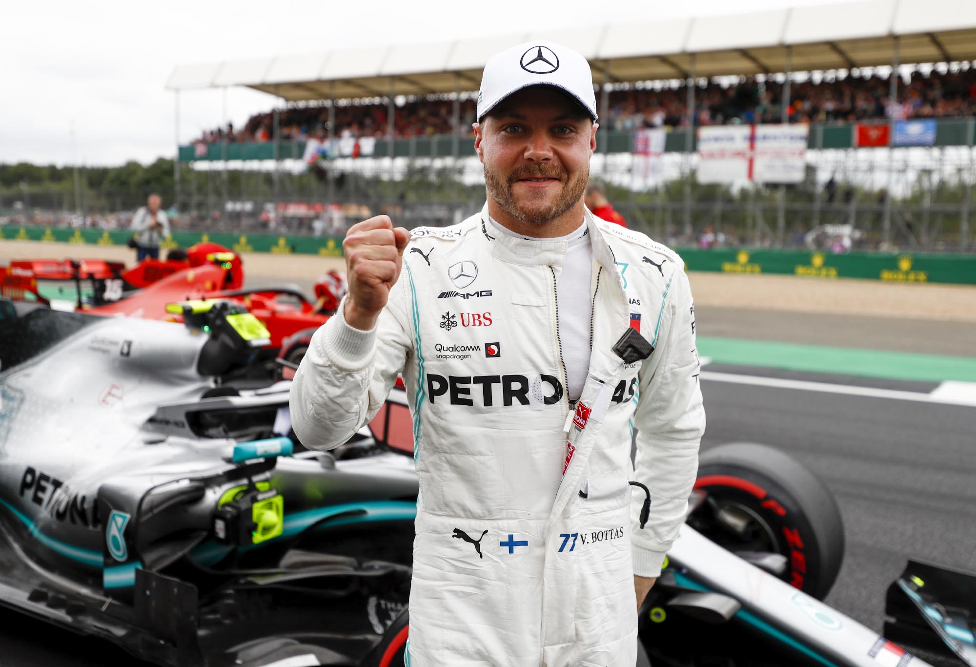Valtteri Bottas celebrates pole at the 2019 British Grand Prix