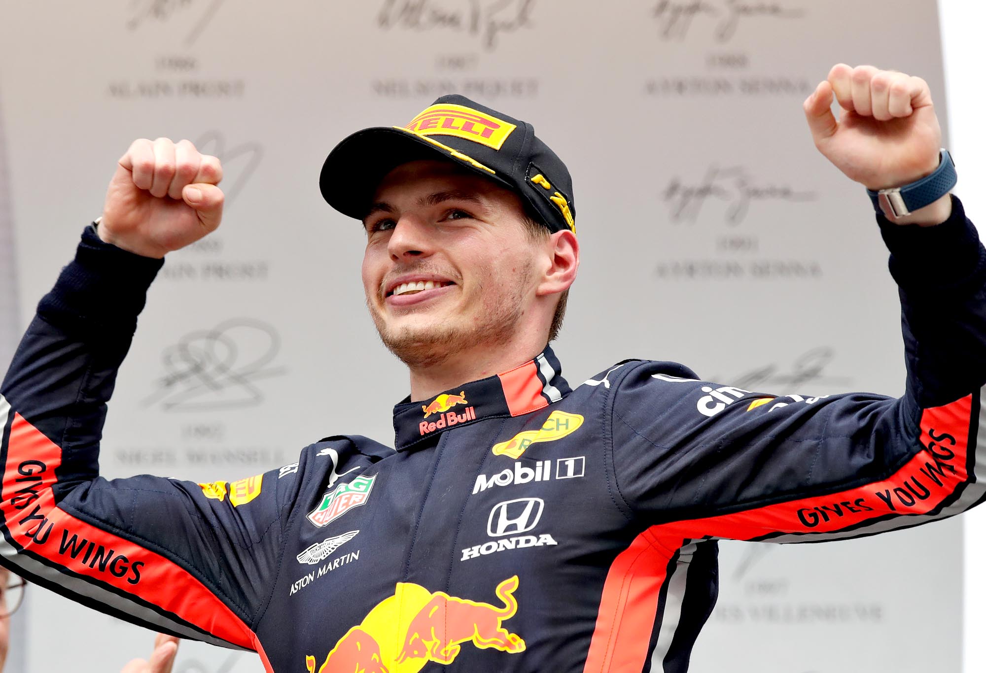 Max Verstappen celebrates on the 2019 German Grand Prix podium.