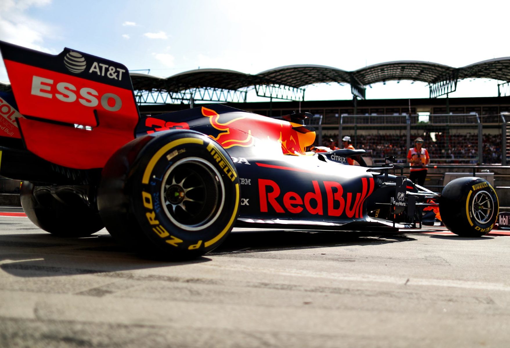 Max Verstappen leaves his garage at the 2019 Hungarian Grand Prix.