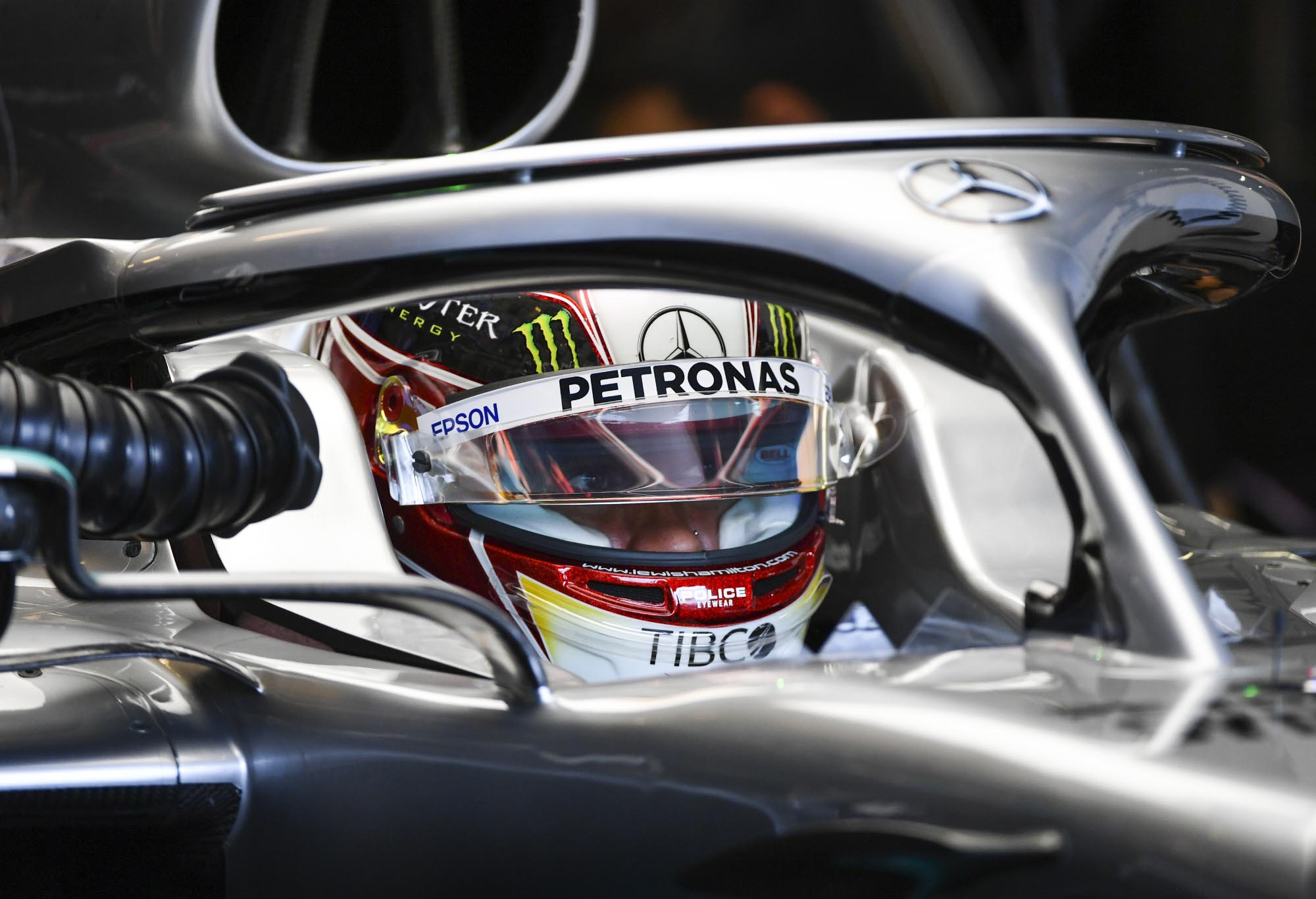 Lewis Hamilton in his garaged car at the 2019 Hungarian Grand Prix.