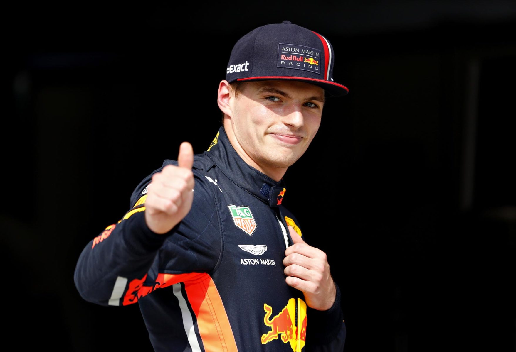 Max Verstappen gives a thumbs up after taking pole at the 2019 Hungarian Grand Prix.