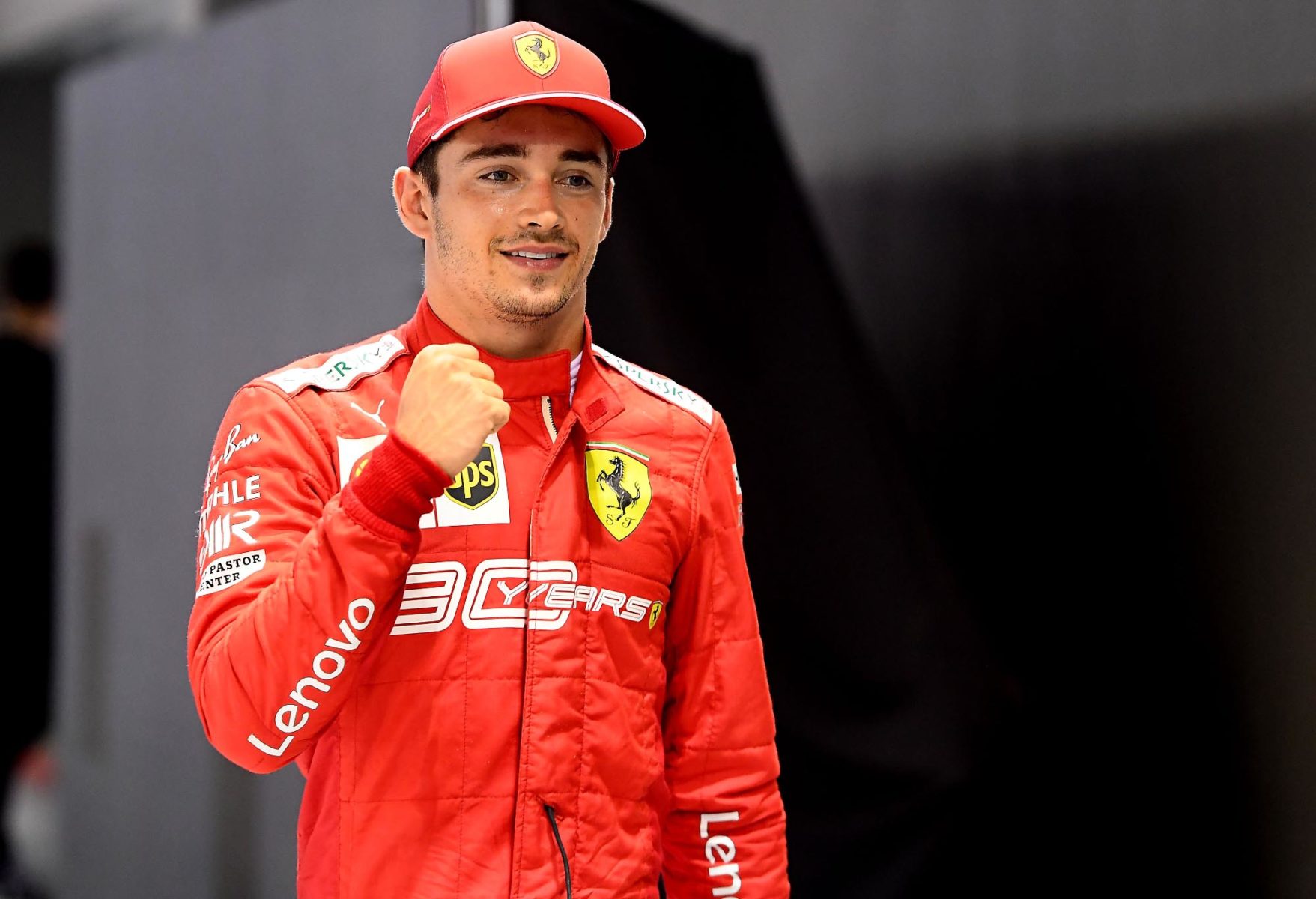 Charles Leclerc celebrates pole at the 2019 Singapore Grand Prix