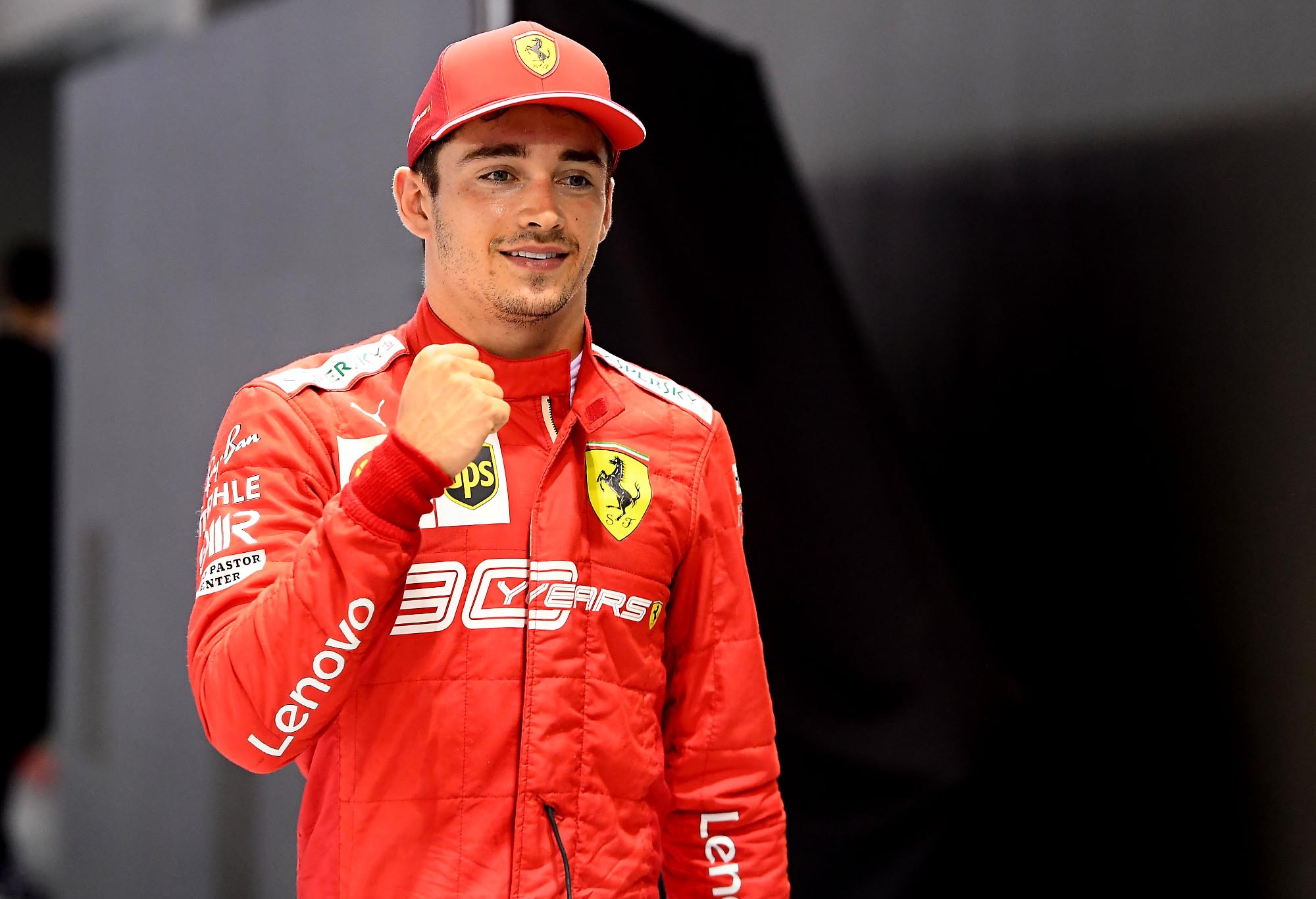 Charles Leclerc celebrates pole at the 2019 Singapore Grand Prix
