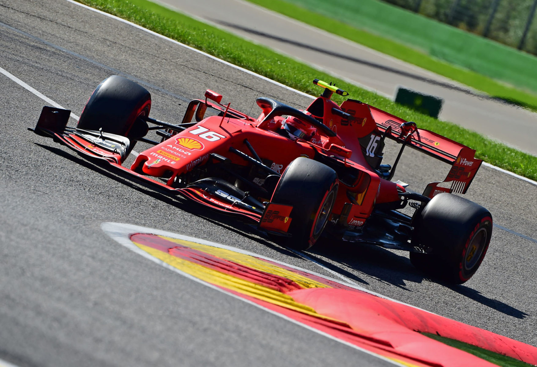 Charles Leclerc on track at the 2019 Belgian Grand Prix.
